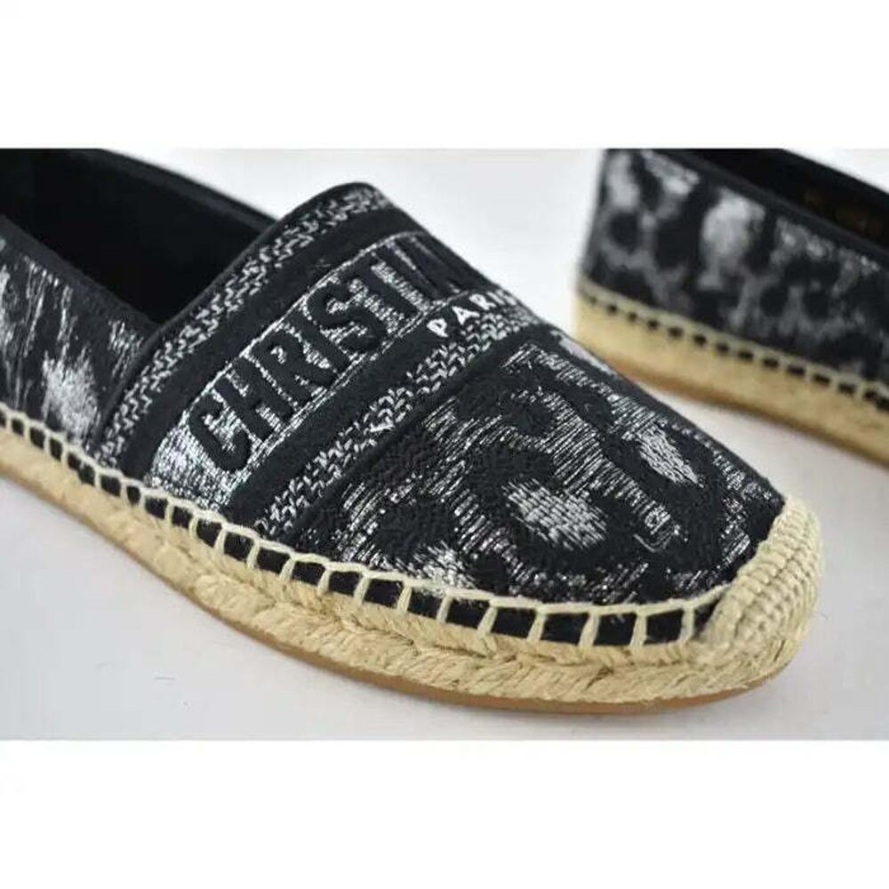 Dior Granville Mizza Lurex Embroidered Black Grey Silver Logo Espadrille Flat 37 - Picture 4 of 12